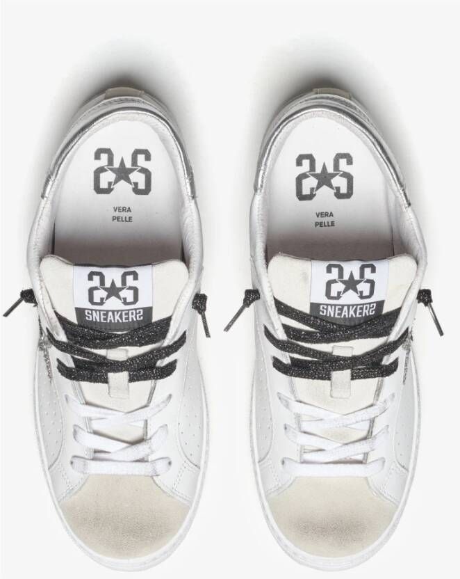 2Star Witte Leren Sneakers met Zwarte en Zilveren Details