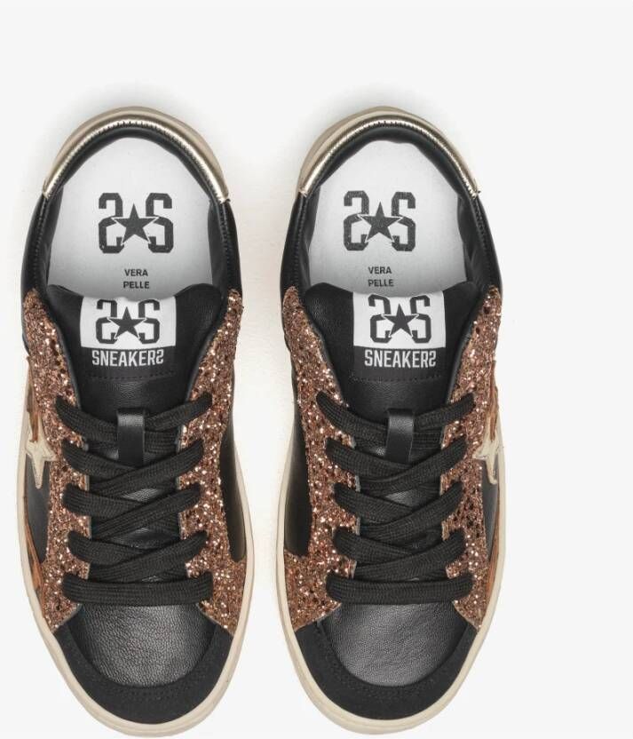 2Star Zwarte leren sneaker met gouden en luipaard details