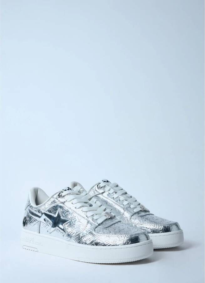 A Bathing APE Metallic Logo Leren Sneakers Gray Heren