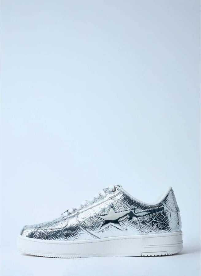 A Bathing APE Metallic Logo Leren Sneakers Gray Heren