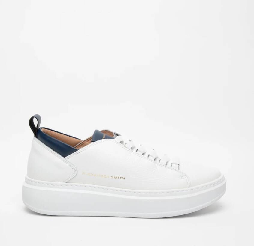 Alexander Smith Witte leren sneakers met blauwe details White Heren