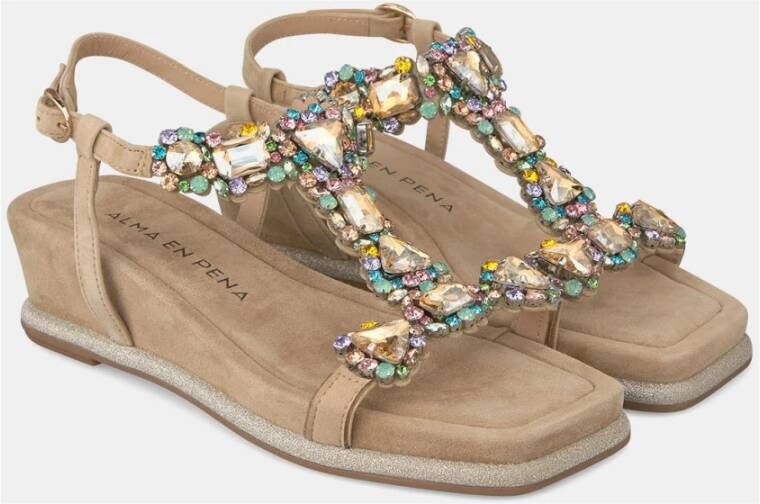 Alma en Pena Rhinestone Sleehak Sandaal Beige Dames