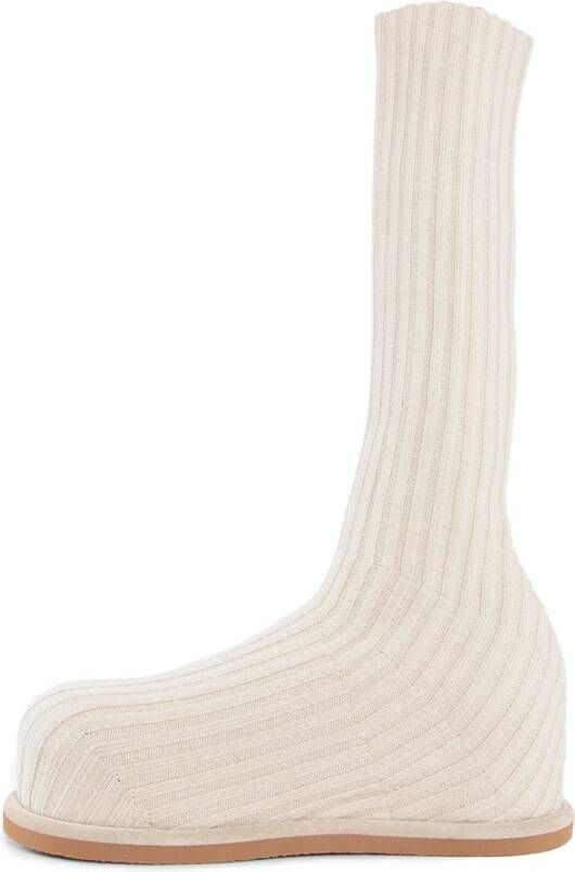 Amina Muaddi Beige Fuzzy Ribbed Knit Stretch Boot