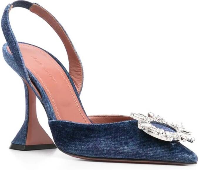 Amina Muaddi Blauwe Velvet Slip-On Gebeeldhouwde Hak Schoenen Blue Dames
