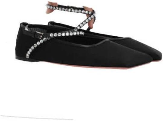 Amina Muaddi Zwarte Mesh Ballerina Schoenen met Kristalversierde Enkelbanden Black Dames