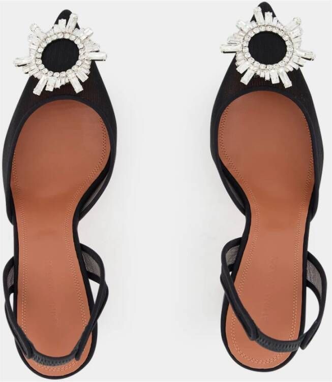 Amina Muaddi Zwarte Mesh Slingback Hakken met Kristallen Gesp