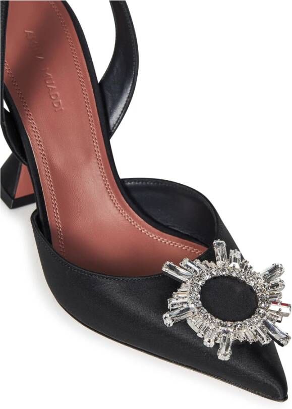 Amina Muaddi Zwarte Satijnen Slingback Kristalhakken