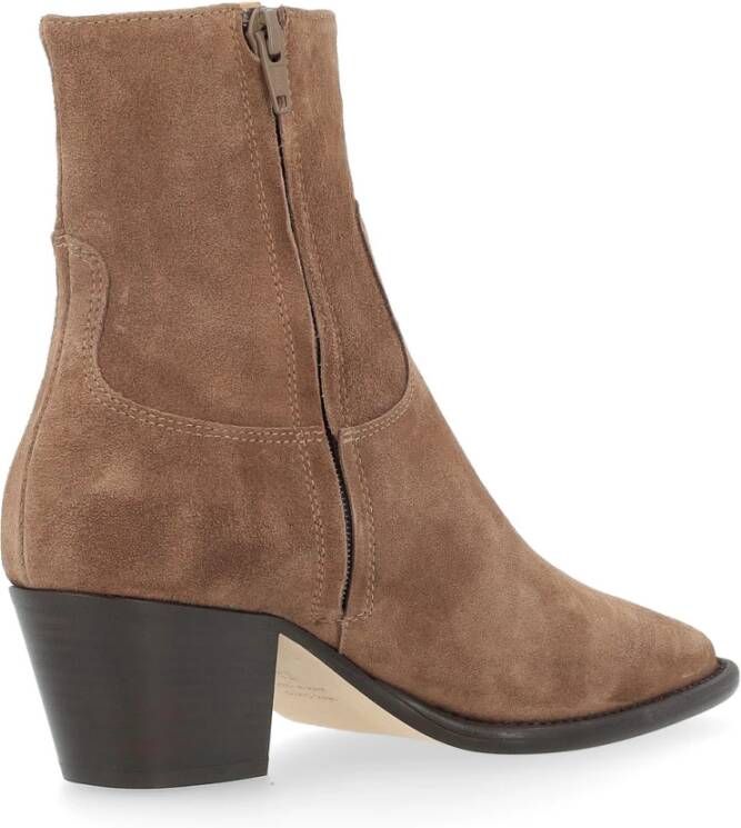Anna F. Taupe Suède Enkellaars met Houten Hak