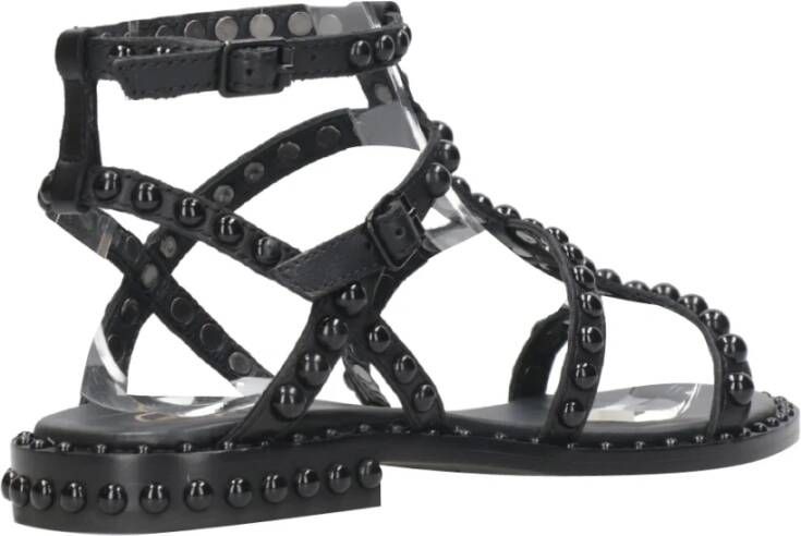 Ash Zwarte Studded Leren Platte Sandalen Zwart Dames