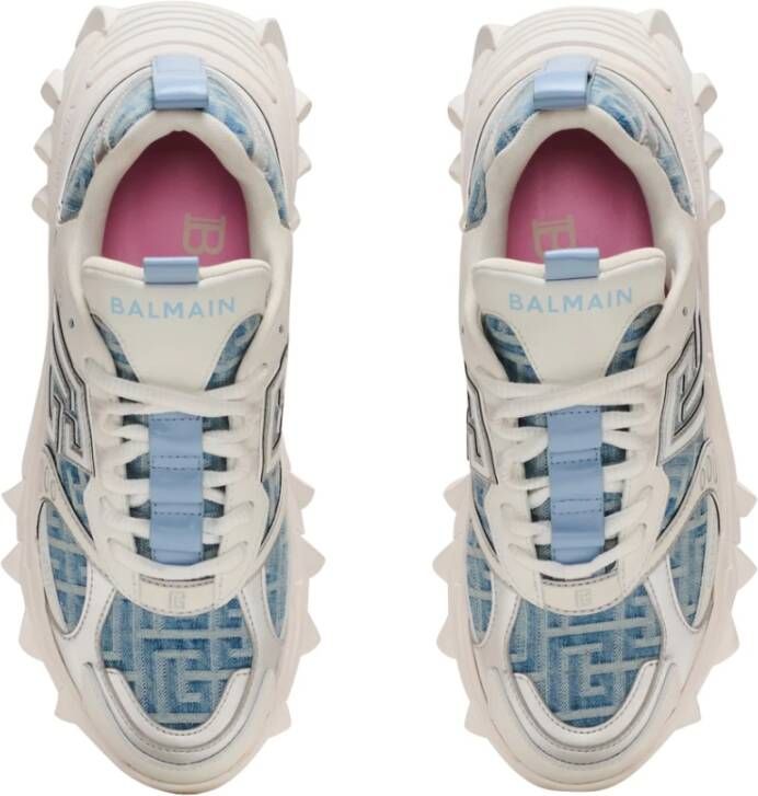 Balmain B-east Trainers In Monogrammed Pb Labyrinth Denim Blue Dames