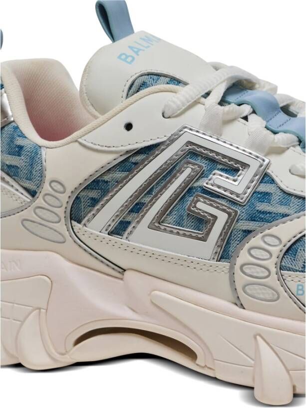 Balmain B-east Trainers In Monogrammed Pb Labyrinth Denim Blue Dames