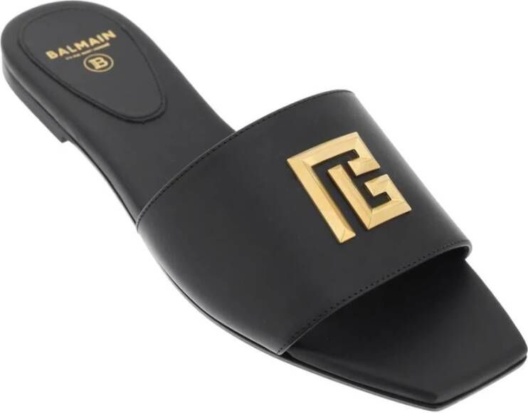 Balmain Dafne Slides van glad leer met goudkleurig metalen monogram Black Dames