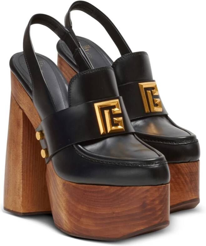 Balmain Mocassin à plateforme Bonnie en cuir et bois Zwart Dames