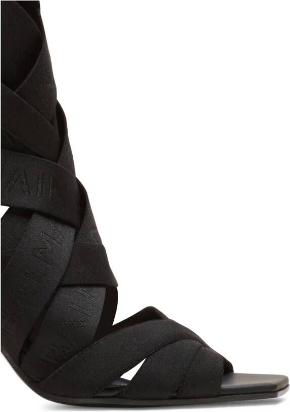 Balmain Moneta leather and elastic sandals with logo Zwart Dames
