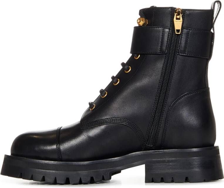 Balmain Zwarte Combat Enkellaarzen met Gouden PB Logo Black Dames