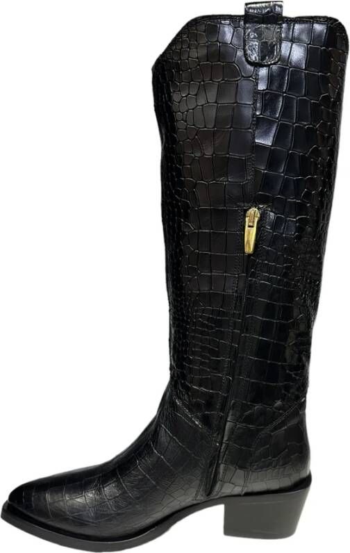Bervicato Krokodil-Effect Leren Texaanse Laarzen Black Dames