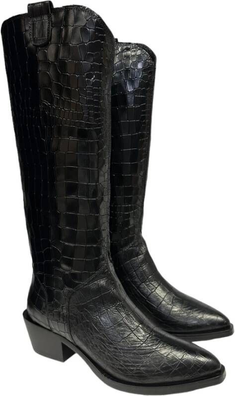 Bervicato Krokodil-Effect Leren Texaanse Laarzen Black Dames