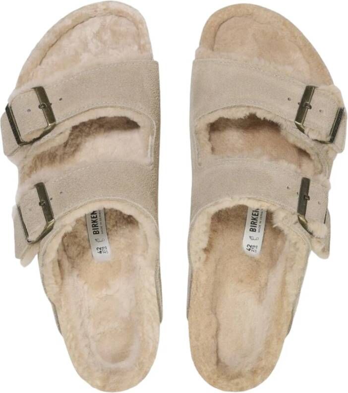 Birkenstock Arizona Shearling Suède Leren Slippers Beige Dames