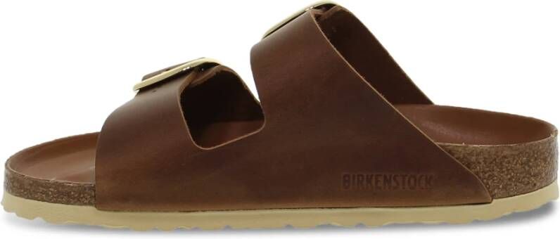 Birkenstock Leren platte sandalen met grote gesp Brown Dames