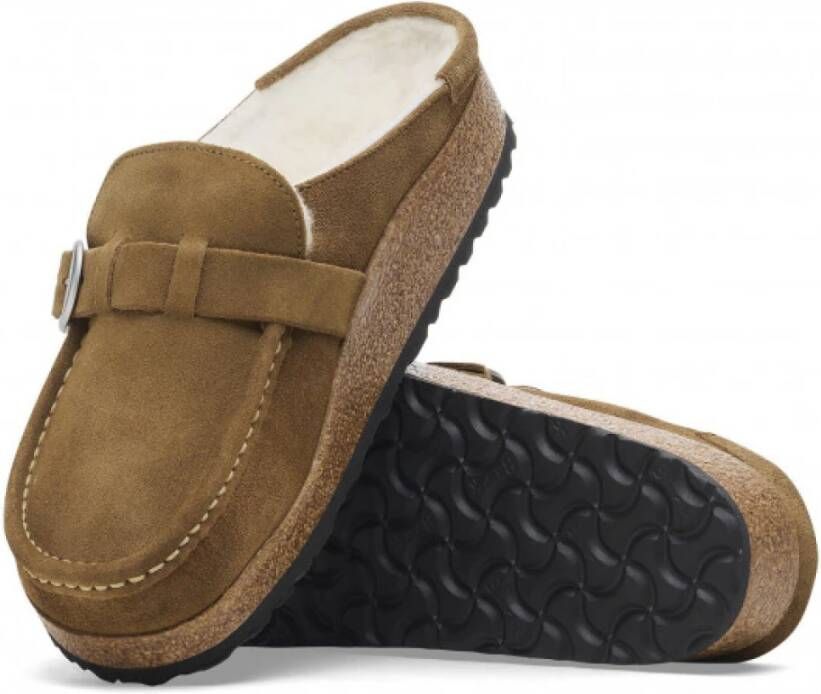 Birkenstock Schapenvacht Mocassin Clog met Grote Gesp Brown Dames