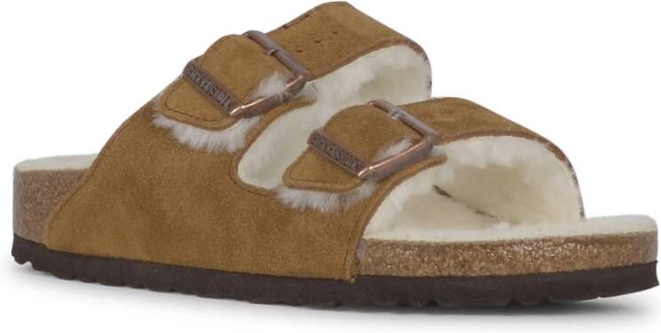 Birkenstock Shearling Suede Leather Fur Sandalen Brown Dames