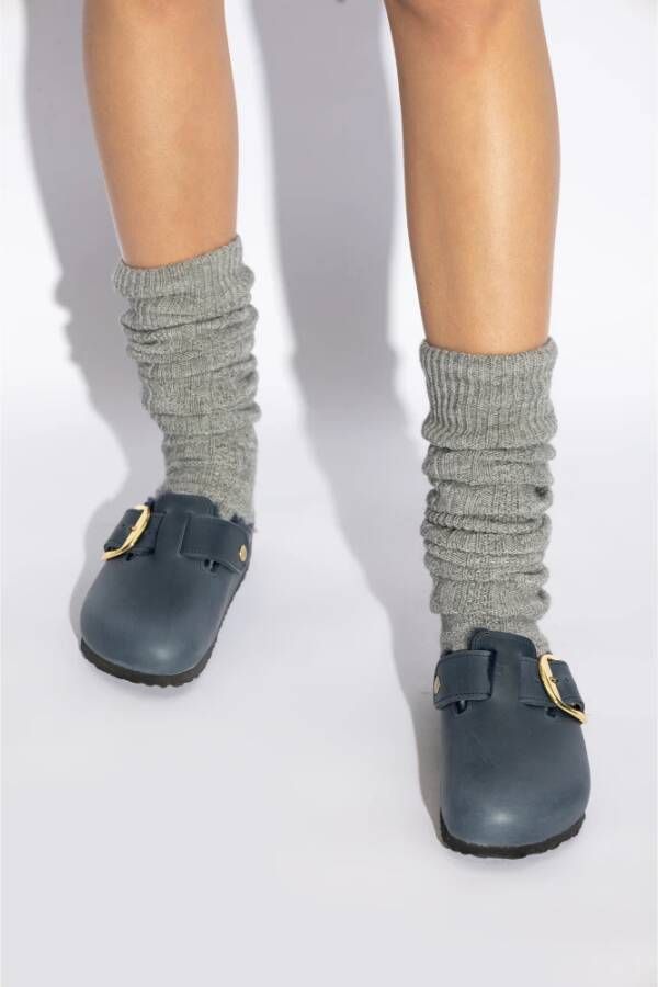 Birkenstock Boston Big Buckle Schapenvacht Slides Blue Dames