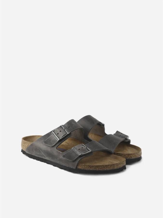 Birkenstock Leren Buckle Sliders Grijs Heren