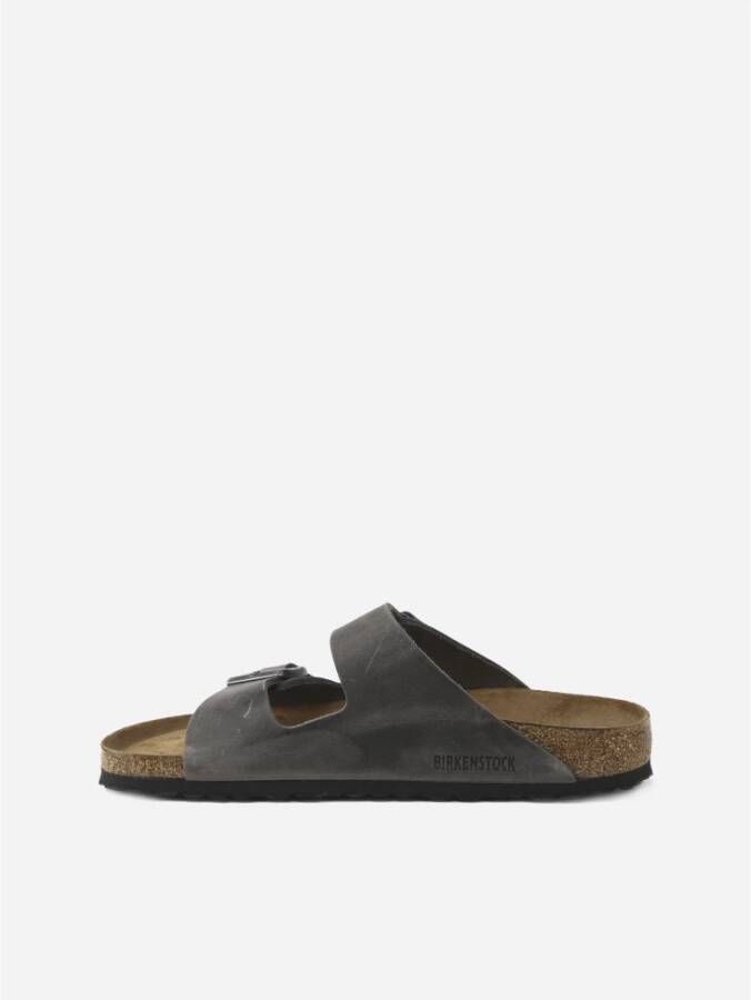 Birkenstock Leren Buckle Sliders Grijs Heren