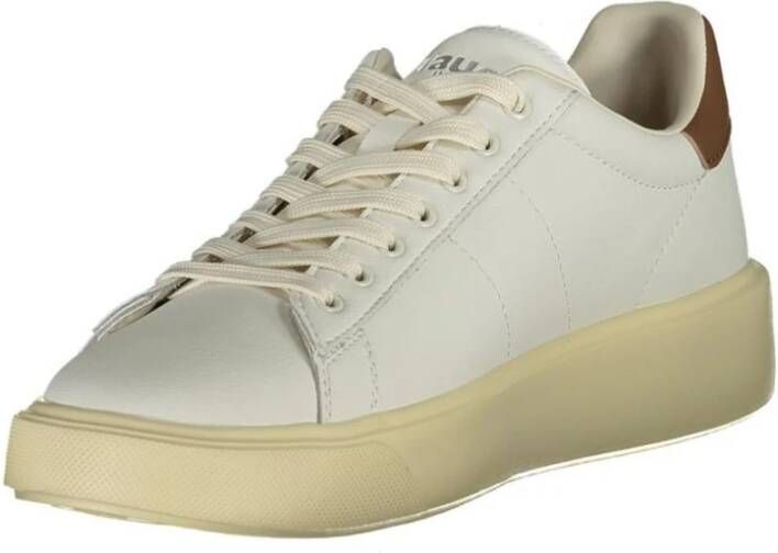 Blauer Witte Leren Sportsneaker met Bruine Accenten
