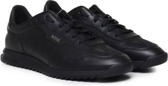 Boss Zwarte Leren Lage Sneakers Black Heren