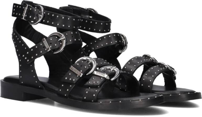 Bronx Zwarte Leren Sandalen met Gouden Studs Black Dames