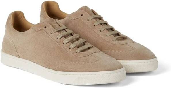 Brunello Cucinelli Beige Leren Sneaker Vetersluiting Amandel Teen