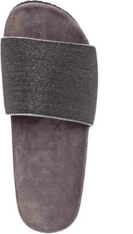 BRUNELLO CUCINELLI Beige Suède Slide Sandalen met Monile Detail Beige Dames