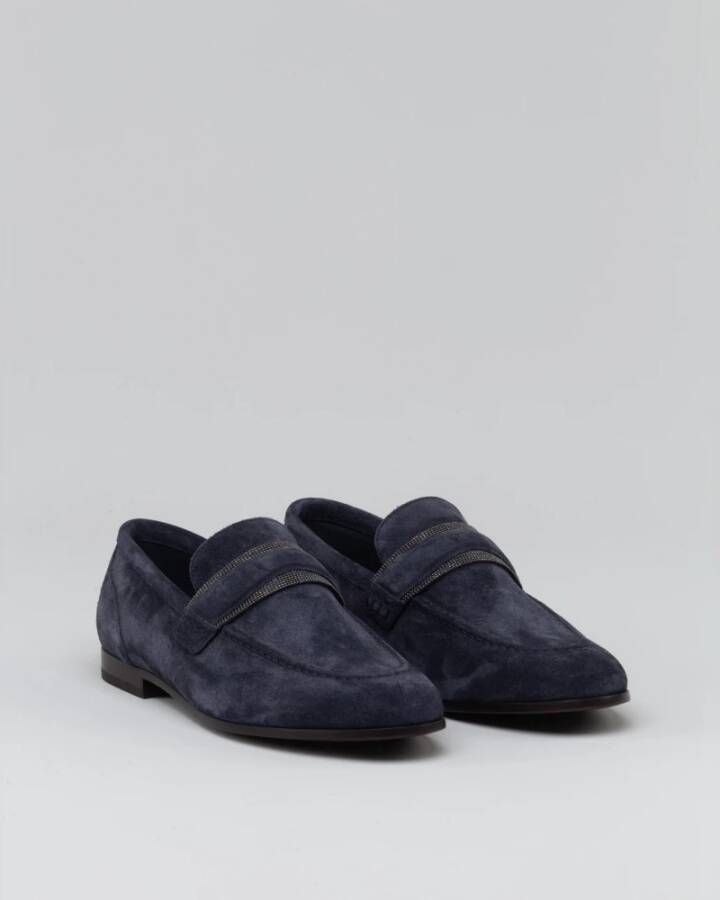 BRUNELLO CUCINELLI Elegante Suède Loafers met Monile Inzetstuk Blue Dames