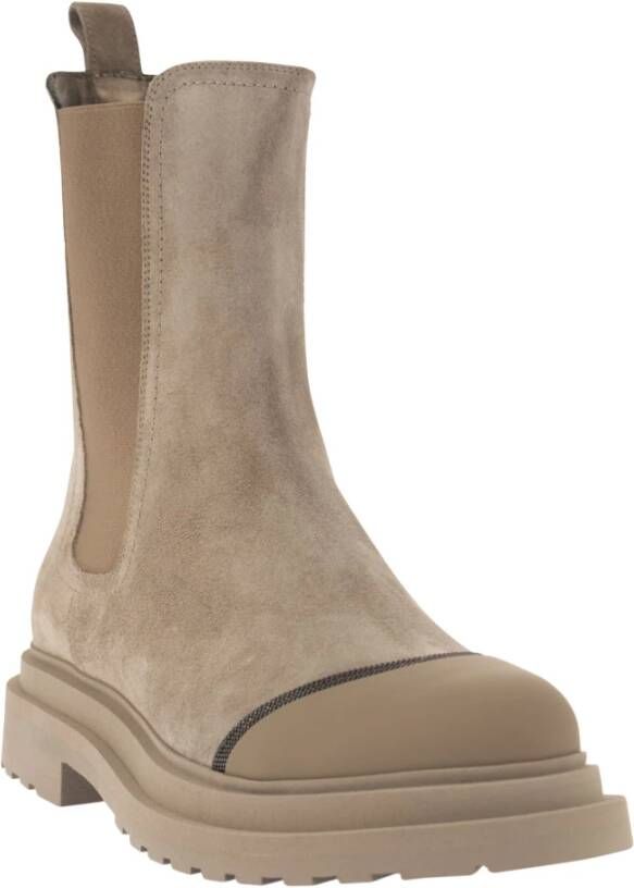 BRUNELLO CUCINELLI Suede Chelsea Boot met Precious Detail Beige Dames