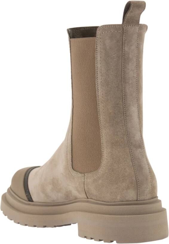 BRUNELLO CUCINELLI Suede Chelsea Boot met Precious Detail Beige Dames