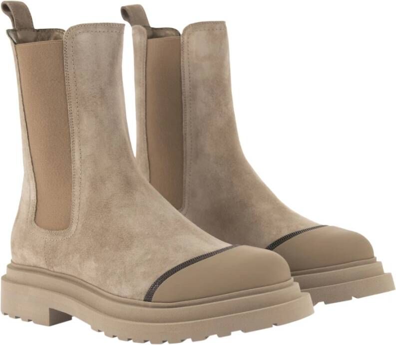 BRUNELLO CUCINELLI Suede Chelsea Boot met Precious Detail Beige Dames