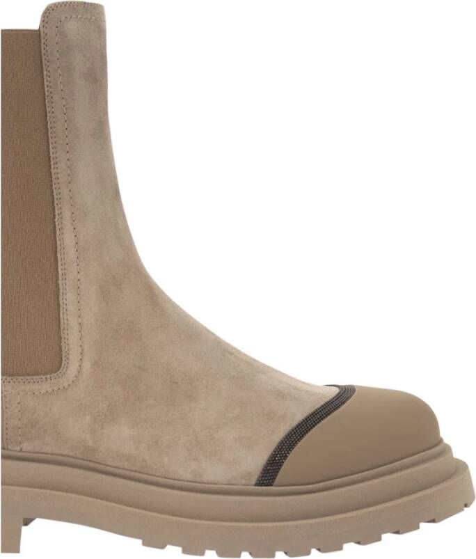 BRUNELLO CUCINELLI Suede Chelsea Boot met Precious Detail Beige Dames