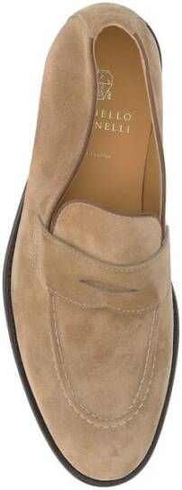 Brunello Cucinelli Suède kalfsleren loafers met leren blokhak