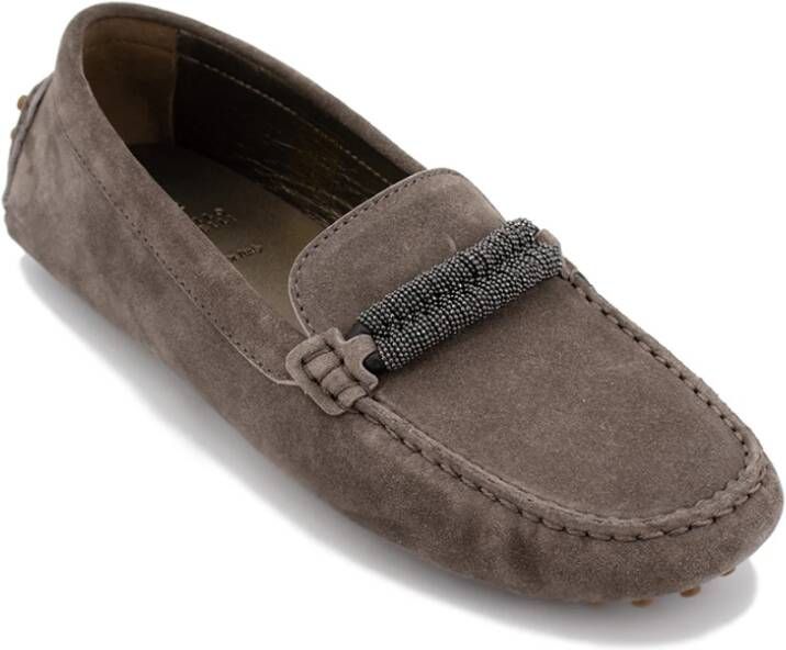 BRUNELLO CUCINELLI Tijdloze suède mocassins met juweeldetail Brown Dames