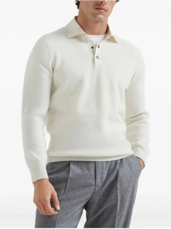 Brunello Cucinelli Witte Sweater met Knopen en Ribboorden