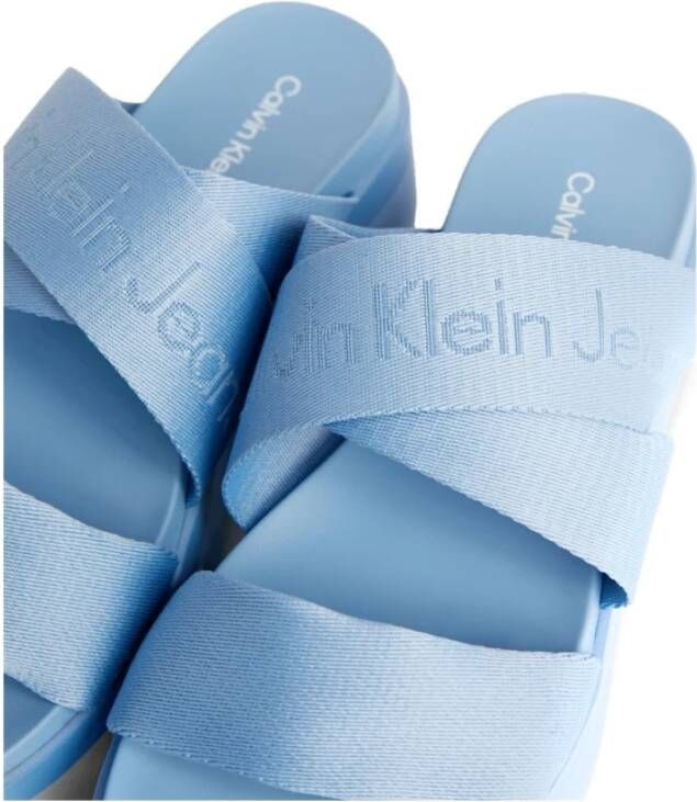 Calvin Klein Jeans Blauwe Platte Sandaal met Webbing Banden Blue Dames