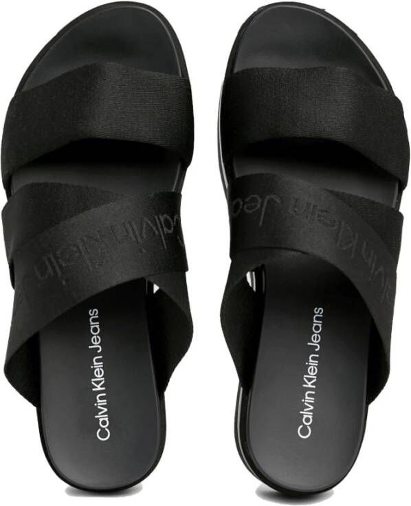 Calvin Klein Jeans Zwarte Platte Sandaal Webbing Black Dames