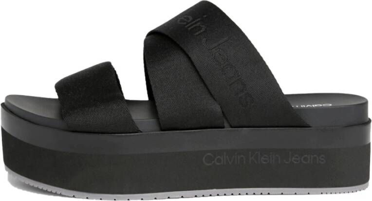 Calvin Klein Jeans Zwarte Platte Sandaal Webbing Black Dames