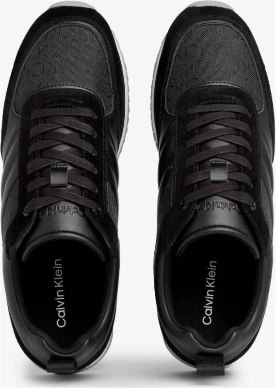 Calvin Klein Zwarte Logo Patroon Leren Sneakers Black Heren