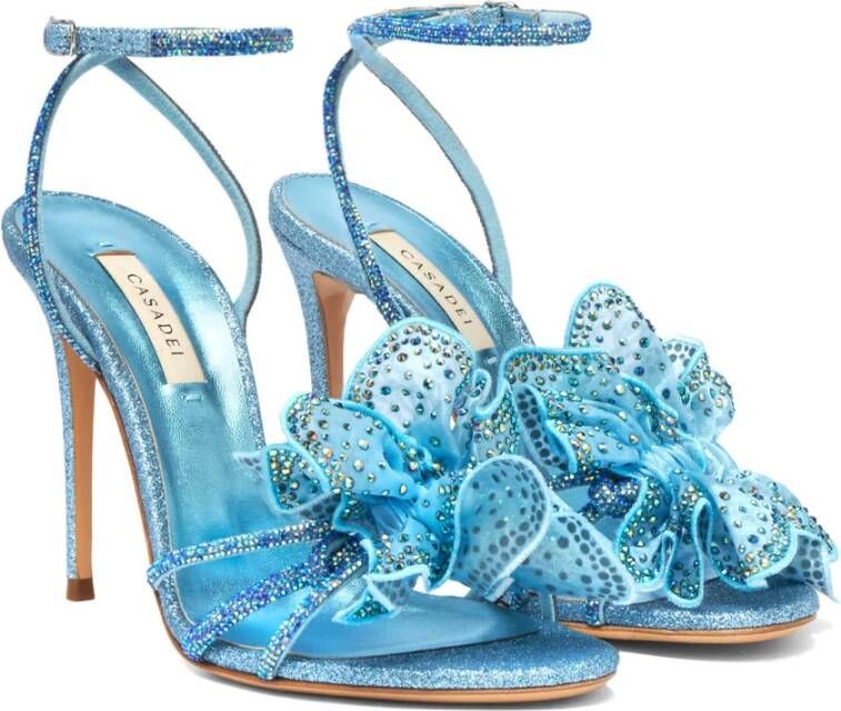 Casadei Hemelsblauwe Glitter Sandaal met Orchidee Detail Blue Dames