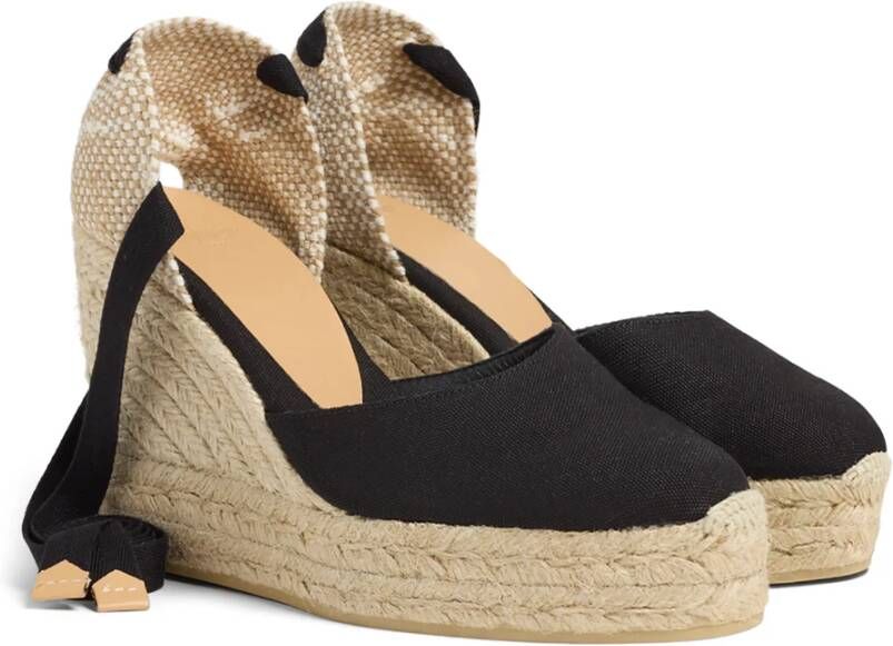 Castañer Carina biologisch katoenen espadrilles met striksluiting dubbele platform en 9 cm sleehak. Black Dames