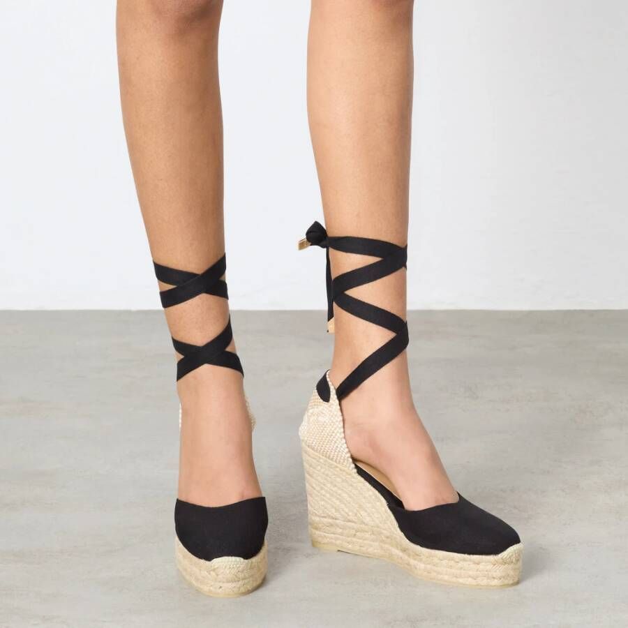 Castañer Carina biologisch katoenen espadrilles met striksluiting dubbele platform en 9 cm sleehak. Black Dames