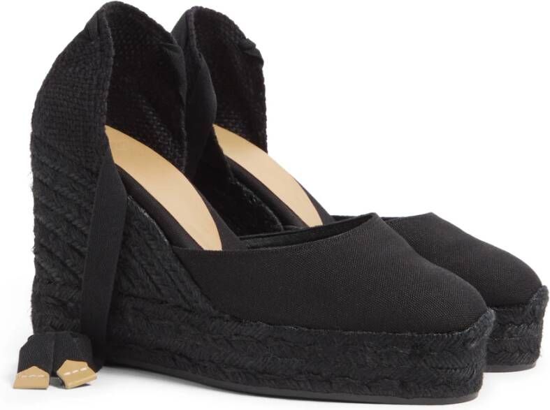 Castañer Carina katoenen espadrilles met striksluiting en 11 cm sleehak. Black Dames