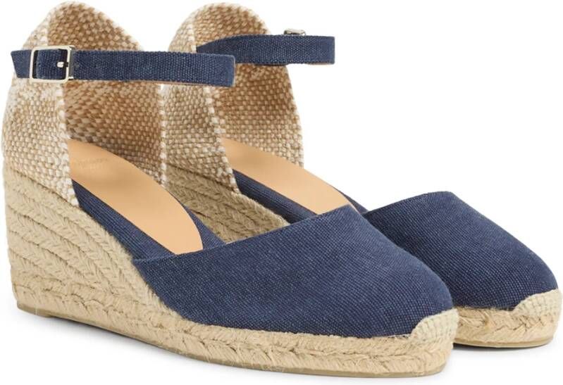 Castañer Carol gewassen katoenen espadrilles met enkelbandje met zijgesp en 7 cm sleehak. Blue Dames